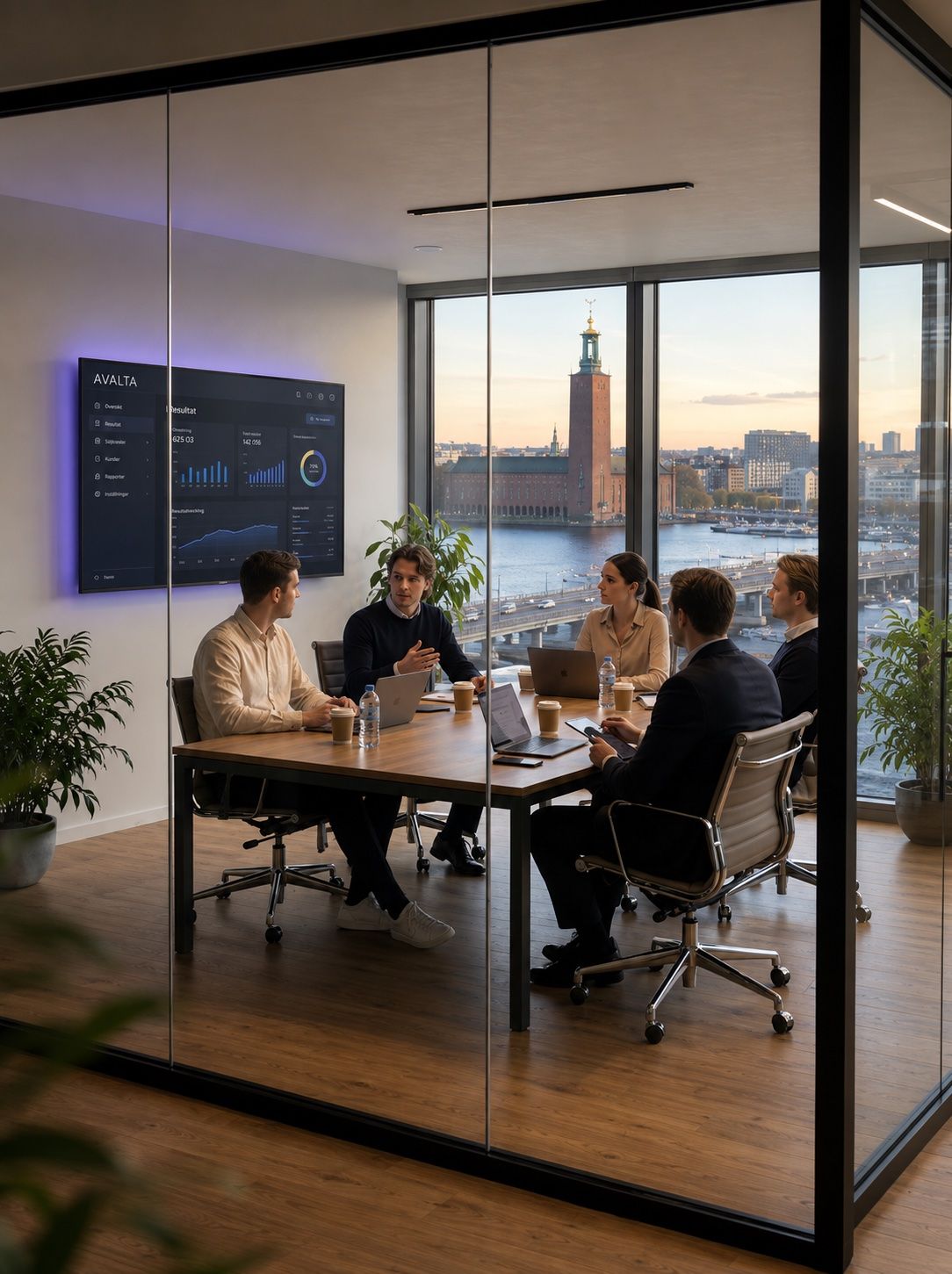 Säljmöte på Avaltas kontor med utsikt över Stockholm